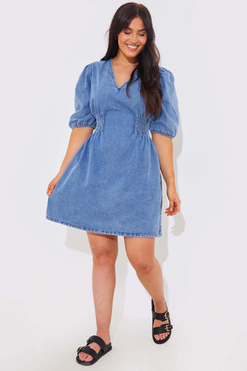 Denim V Neck Shirred Waist Tie Back Mini Dress